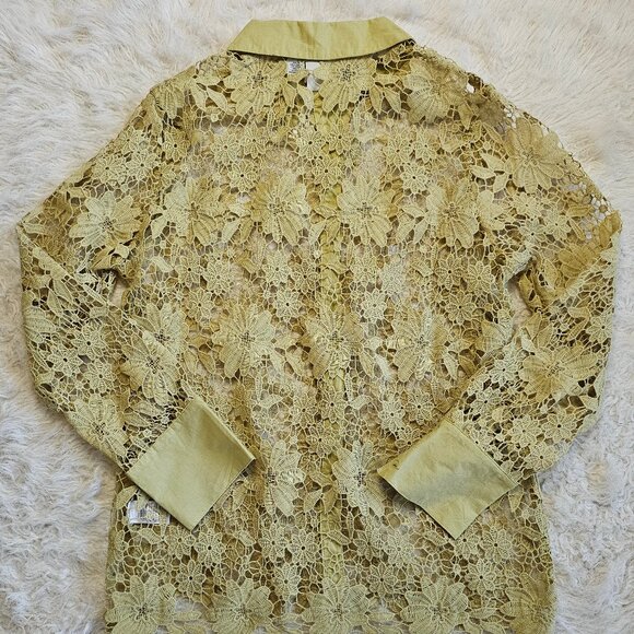 Joie Women's Light Green Floral Crochet Button Up Shirt Size: L - Picture 3 of 9